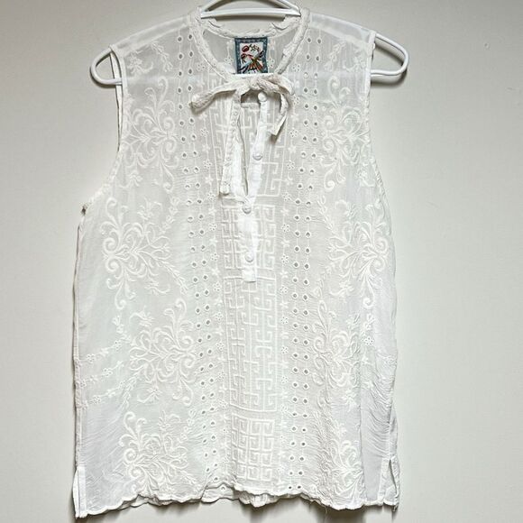 Johnny Was Embroidered Sleeveless Tank Top Womens Ivory Eyelet  Sz S Host Pick - Picture 1 of 4